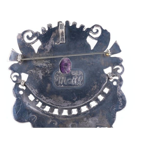 Large Vintage Matl Sterling Turquoise Amethyst repousse birds pendant/pin - Picture 4 of 5